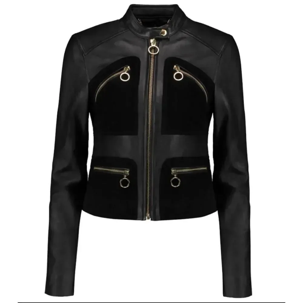 Rare ~Michael Michael Kors Suede-Paneled Lamb Leather Jacket in Black Size 10